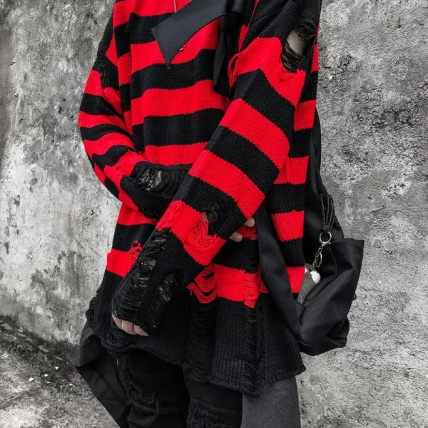 Black Red Striped Sweaters Washed Destroyed Ripped Sweater Men Hole Knit Jumpers Men Women Oversized Sweater Harajuku - Image 6
