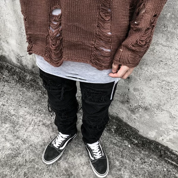 Black Red Striped Sweaters Washed Destroyed Ripped Sweater Men Hole Knit Jumpers Men Women Oversized Sweater Harajuku - Image 23