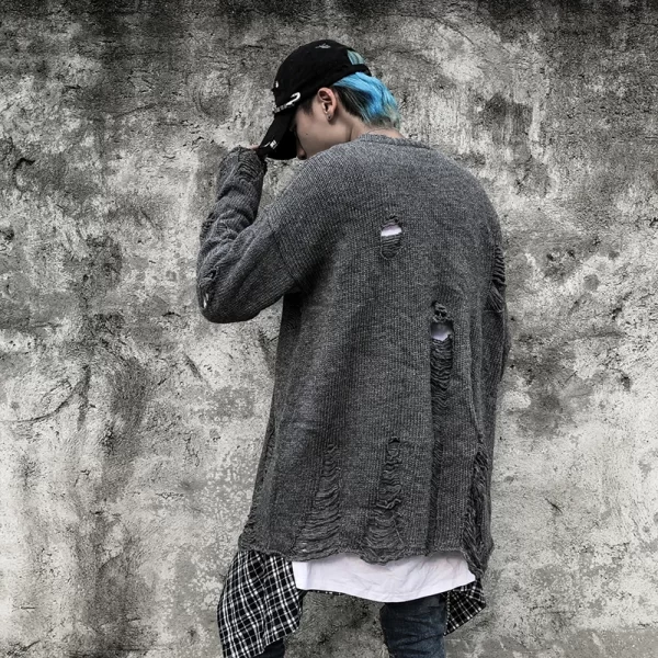 Black Red Striped Sweaters Washed Destroyed Ripped Sweater Men Hole Knit Jumpers Men Women Oversized Sweater Harajuku - Image 25