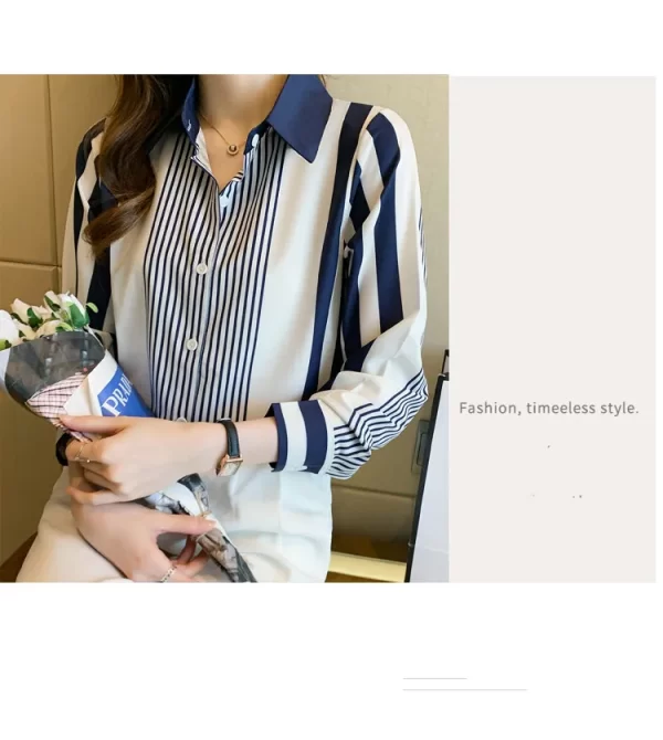 Women's Shirt Blue Striped Blouses for Women Long Sleeve Top Women Button Up Polo Neck Clothes Female 2023 Fashion Leisure Shirt - Image 15