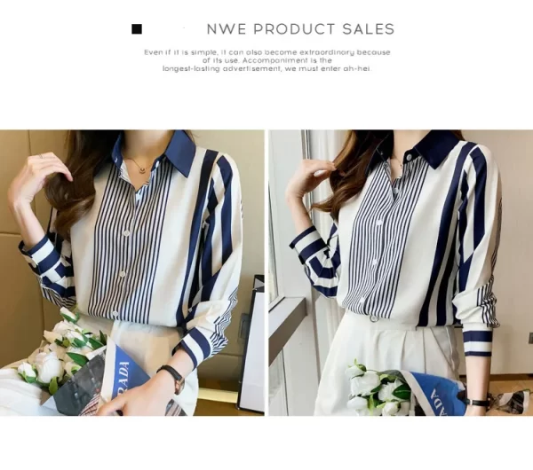 Women's Shirt Blue Striped Blouses for Women Long Sleeve Top Women Button Up Polo Neck Clothes Female 2023 Fashion Leisure Shirt - Image 18