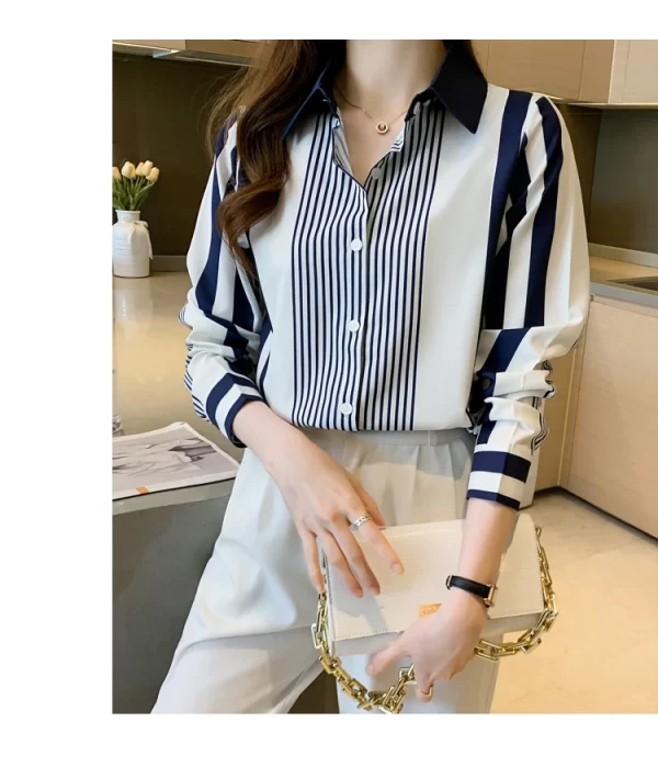 Women's Shirt Blue Striped Blouses for Women Long Sleeve Top Women Button Up Polo Neck Clothes Female 2023 Fashion Leisure Shirt - Image 12