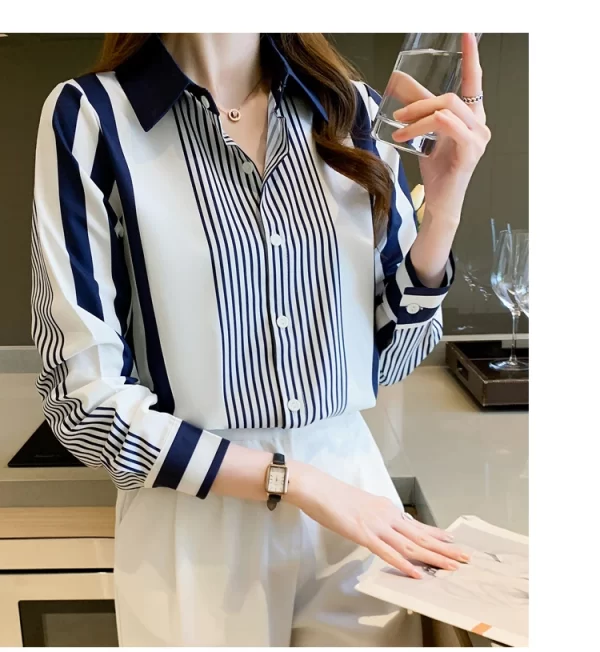 Women's Shirt Blue Striped Blouses for Women Long Sleeve Top Women Button Up Polo Neck Clothes Female 2023 Fashion Leisure Shirt - Image 13