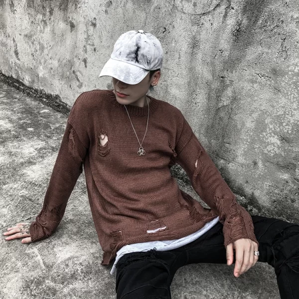 Black Red Striped Sweaters Washed Destroyed Ripped Sweater Men Hole Knit Jumpers Men Women Oversized Sweater Harajuku - Image 22