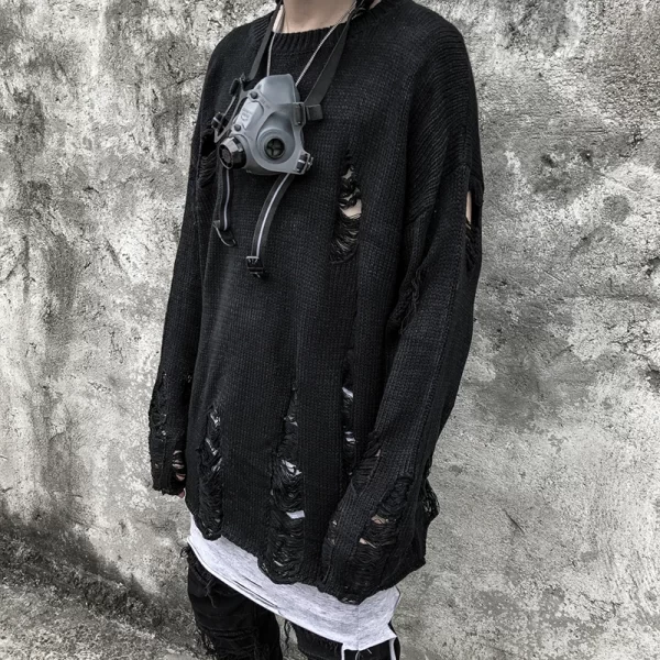 Black Red Striped Sweaters Washed Destroyed Ripped Sweater Men Hole Knit Jumpers Men Women Oversized Sweater Harajuku - Image 4