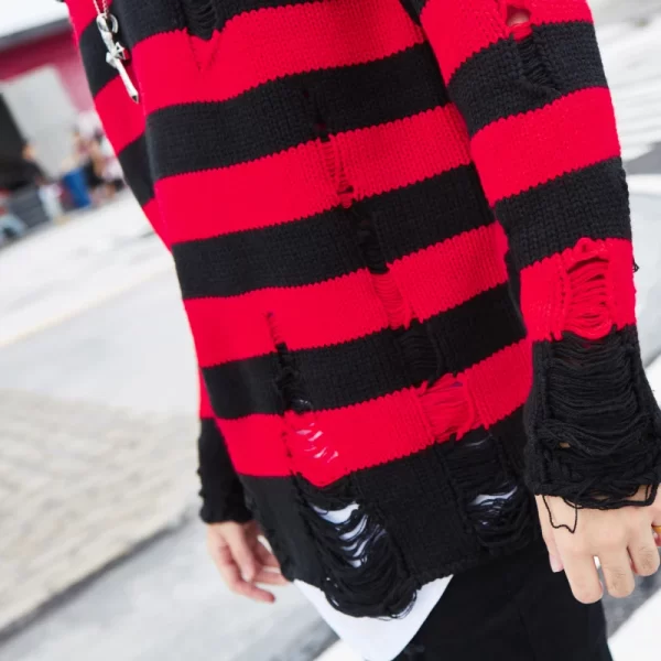 Black Red Striped Sweaters Washed Destroyed Ripped Sweater Men Hole Knit Jumpers Men Women Oversized Sweater Harajuku - Image 2