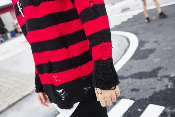 Black Red Striped Sweaters Washed Destroyed Ripped Sweater Men Hole Knit Jumpers Men Women Oversized Sweater Harajuku - Image 16