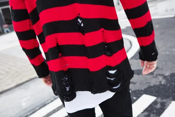 Black Red Striped Sweaters Washed Destroyed Ripped Sweater Men Hole Knit Jumpers Men Women Oversized Sweater Harajuku - Image 17