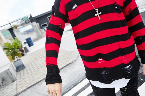 Black Red Striped Sweaters Washed Destroyed Ripped Sweater Men Hole Knit Jumpers Men Women Oversized Sweater Harajuku - Image 15