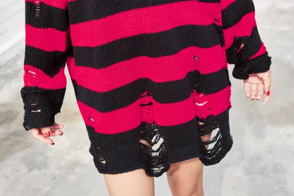 Black Red Striped Sweaters Washed Destroyed Ripped Sweater Men Hole Knit Jumpers Men Women Oversized Sweater Harajuku - Image 18