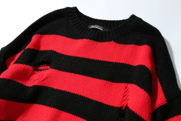 Black Red Striped Sweaters Washed Destroyed Ripped Sweater Men Hole Knit Jumpers Men Women Oversized Sweater Harajuku - Image 31