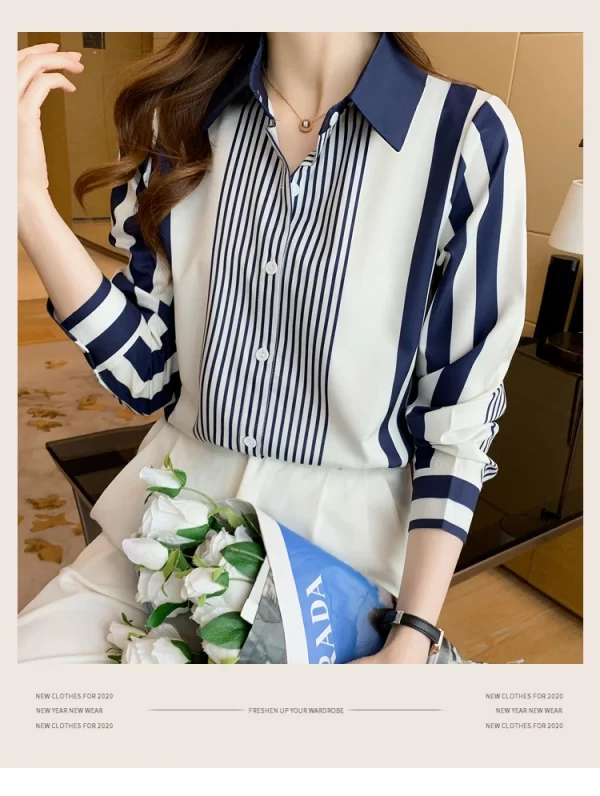 Women's Shirt Blue Striped Blouses for Women Long Sleeve Top Women Button Up Polo Neck Clothes Female 2023 Fashion Leisure Shirt - Image 10