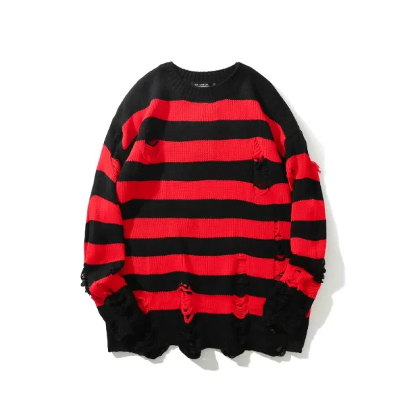 Black Red Striped Sweaters Washed Destroyed Ripped Sweater Men Hole Knit Jumpers Men Women Oversized Sweater Harajuku - Image 8