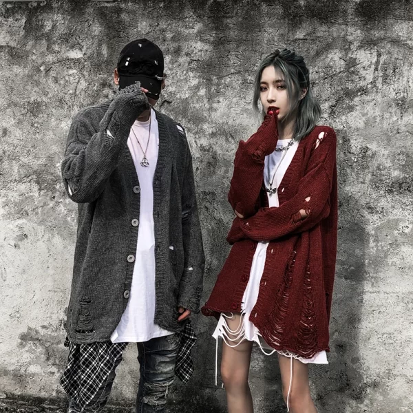 Black Red Striped Sweaters Washed Destroyed Ripped Sweater Men Hole Knit Jumpers Men Women Oversized Sweater Harajuku - Image 24