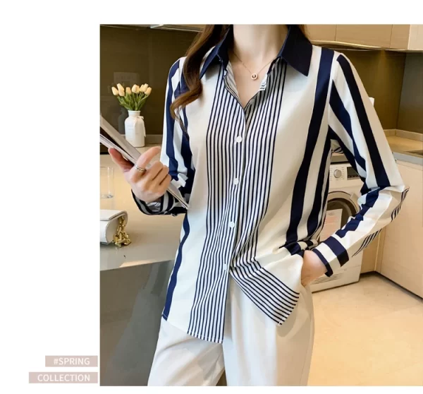 Women's Shirt Blue Striped Blouses for Women Long Sleeve Top Women Button Up Polo Neck Clothes Female 2023 Fashion Leisure Shirt - Image 16