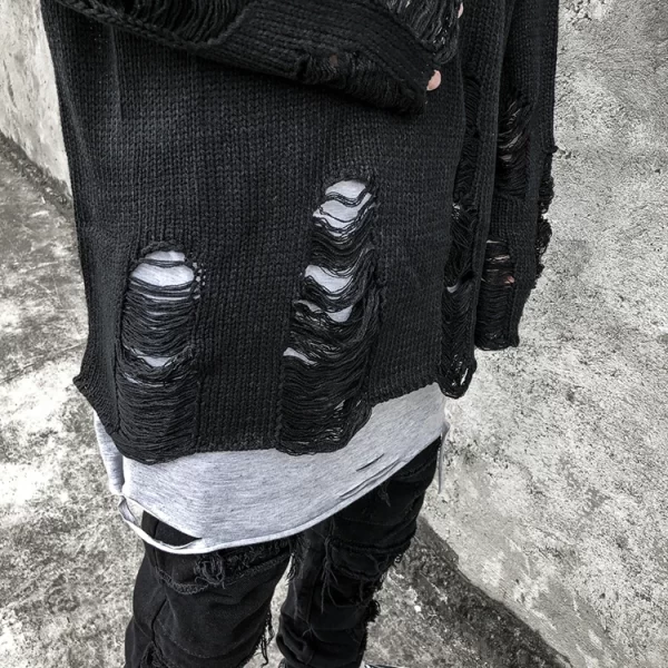 Black Red Striped Sweaters Washed Destroyed Ripped Sweater Men Hole Knit Jumpers Men Women Oversized Sweater Harajuku - Image 21