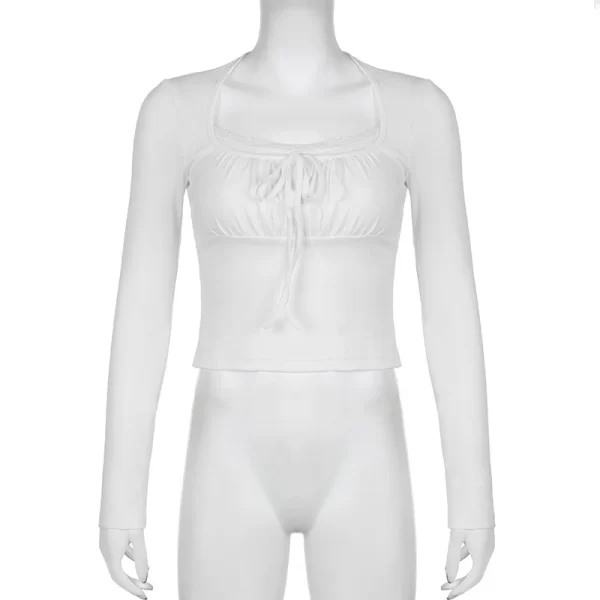 Bandage Folds Square Collar Crop Top Women Fairycore y2k White T Shirts Basic Knitted Elegant Tees Vintage 2000s Clothing - Image 17