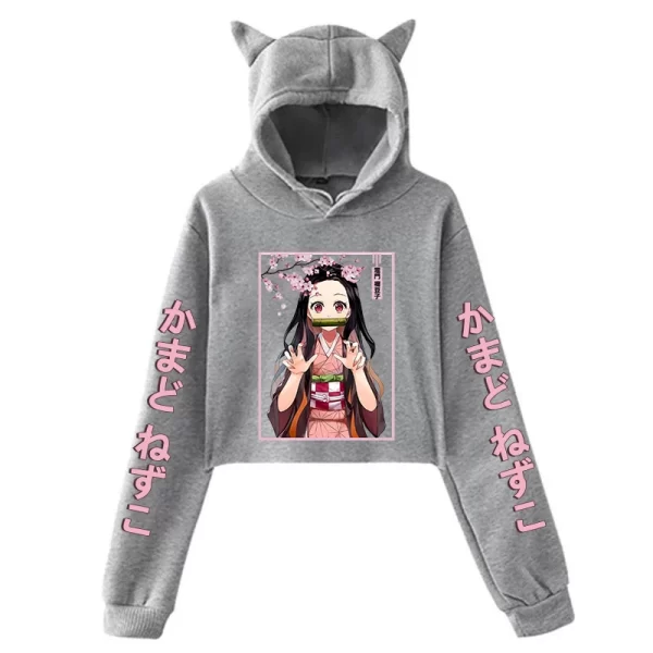 New Fashion Women Girl Hoodie Kamado Nezuko Long Sleeve Cat Ear Streetwear Pullover Harajuku Anime Short Tops - Image 3