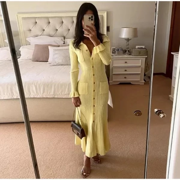 Winter Knitted Dress Women 2024 New Long Sleelve Ruffles Single Breasted Long Dresses Female Party Fashion Sweater Vestidos - Image 7