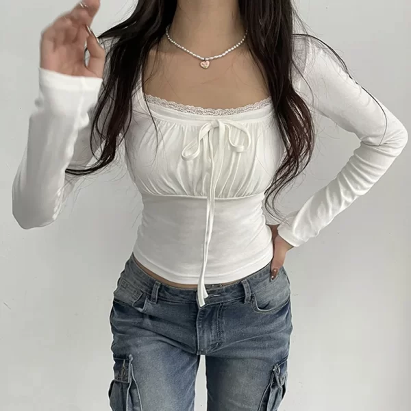 Bandage Folds Square Collar Crop Top Women Fairycore y2k White T Shirts Basic Knitted Elegant Tees Vintage 2000s Clothing - Image 12