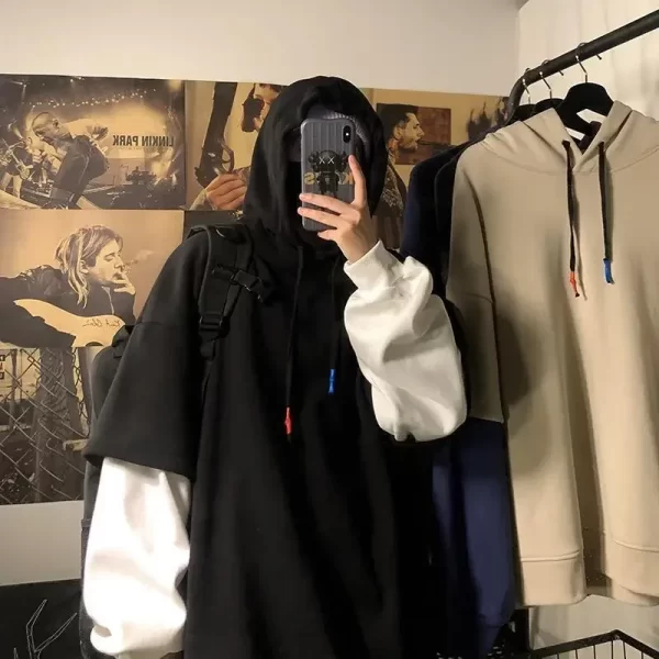 Two-piece Illusion Sweatshirt Men's Hooded Autumn/winter Trendy Brand Ins Hip Hop Top Oversize Niche High Street Jacket - Image 2