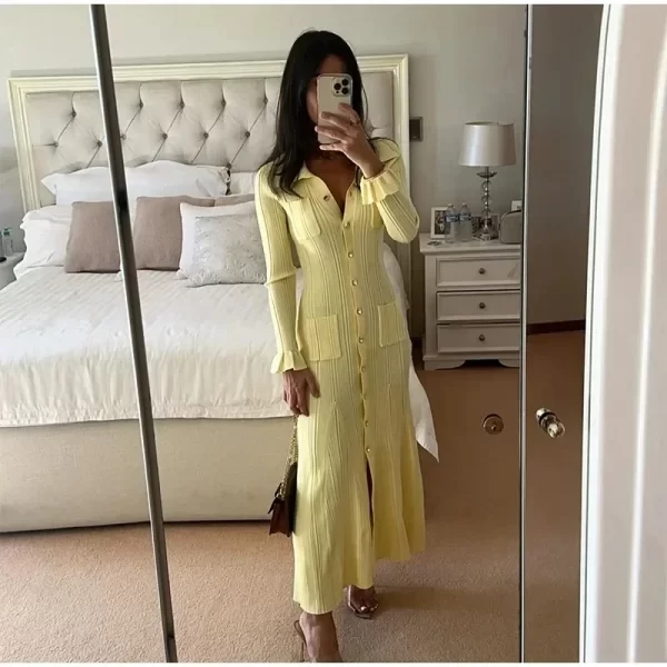 Winter Knitted Dress Women 2024 New Long Sleelve Ruffles Single Breasted Long Dresses Female Party Fashion Sweater Vestidos