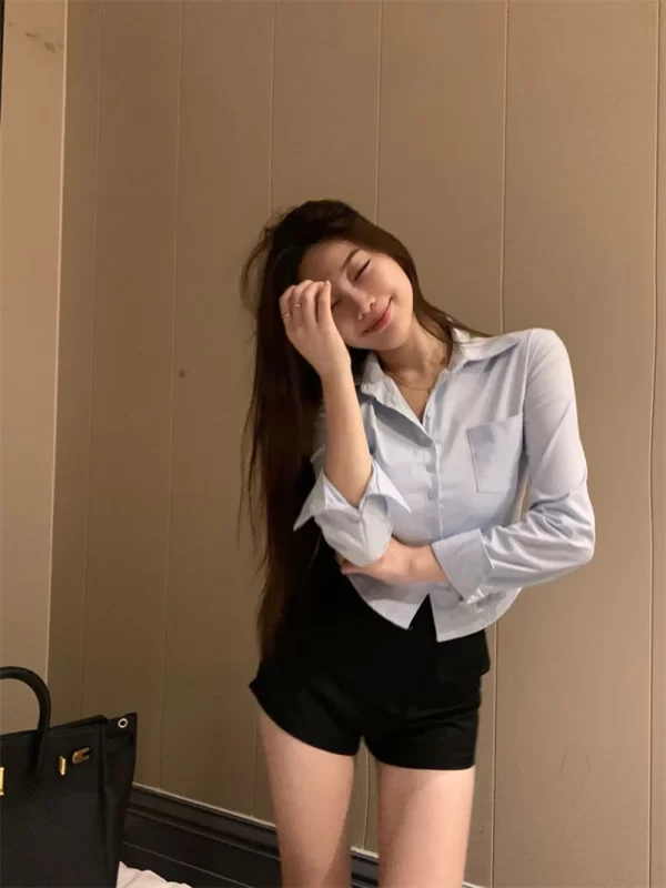 Korean White Office Women Chiffon Shirt Pocket Button Lapel Ladies Blouse Spring Commuter Long Sleeve New Female Crop Tops - Image 18