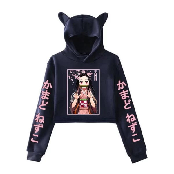 New Fashion Women Girl Hoodie Kamado Nezuko Long Sleeve Cat Ear Streetwear Pullover Harajuku Anime Short Tops - Image 11