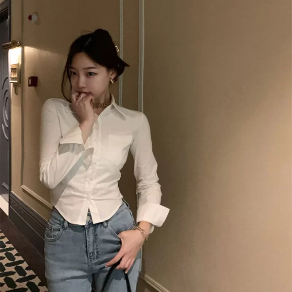 Korean White Office Women Chiffon Shirt Pocket Button Lapel Ladies Blouse Spring Commuter Long Sleeve New Female Crop Tops - Image 8