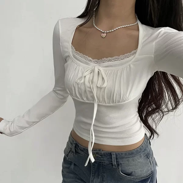 Bandage Folds Square Collar Crop Top Women Fairycore y2k White T Shirts Basic Knitted Elegant Tees Vintage 2000s Clothing - Image 10