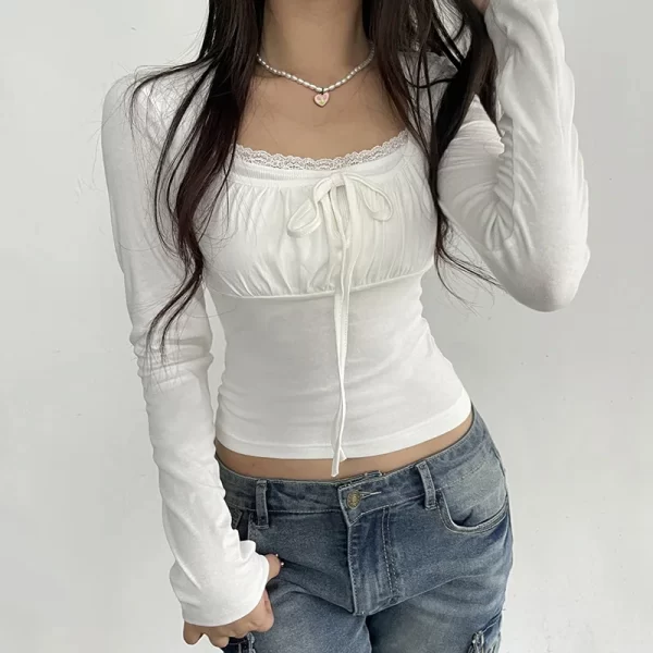 Bandage Folds Square Collar Crop Top Women Fairycore y2k White T Shirts Basic Knitted Elegant Tees Vintage 2000s Clothing - Image 14