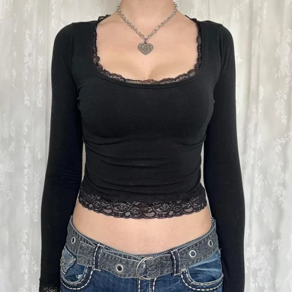 2000s Graphic T Shirt Vintage Fairy Grunge Women Autumn Lace Trim Long Sleeve Slim Fits Tops y2k Clothes Basic Harajuku Tees - Image 10