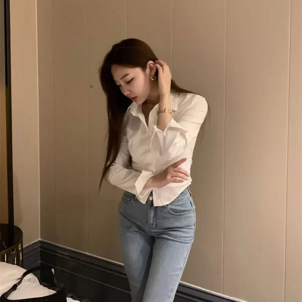 Korean White Office Women Chiffon Shirt Pocket Button Lapel Ladies Blouse Spring Commuter Long Sleeve New Female Crop Tops - Image 12