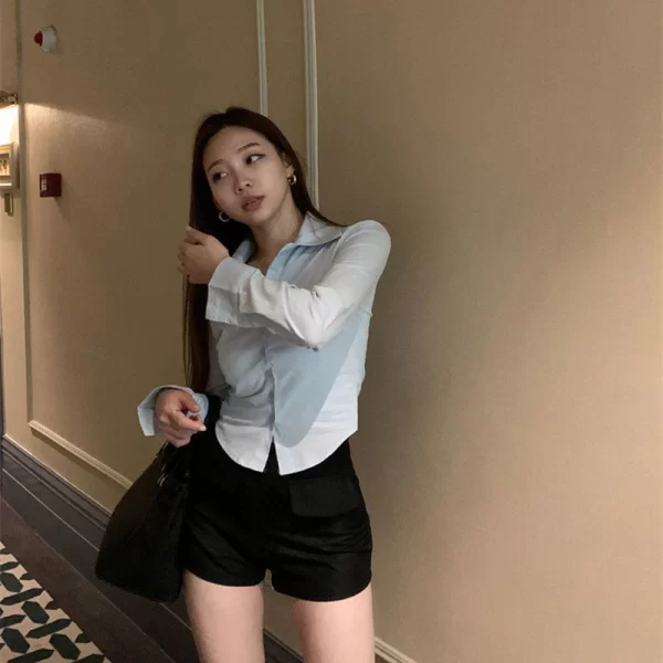 Korean White Office Women Chiffon Shirt Pocket Button Lapel Ladies Blouse Spring Commuter Long Sleeve New Female Crop Tops - Image 16