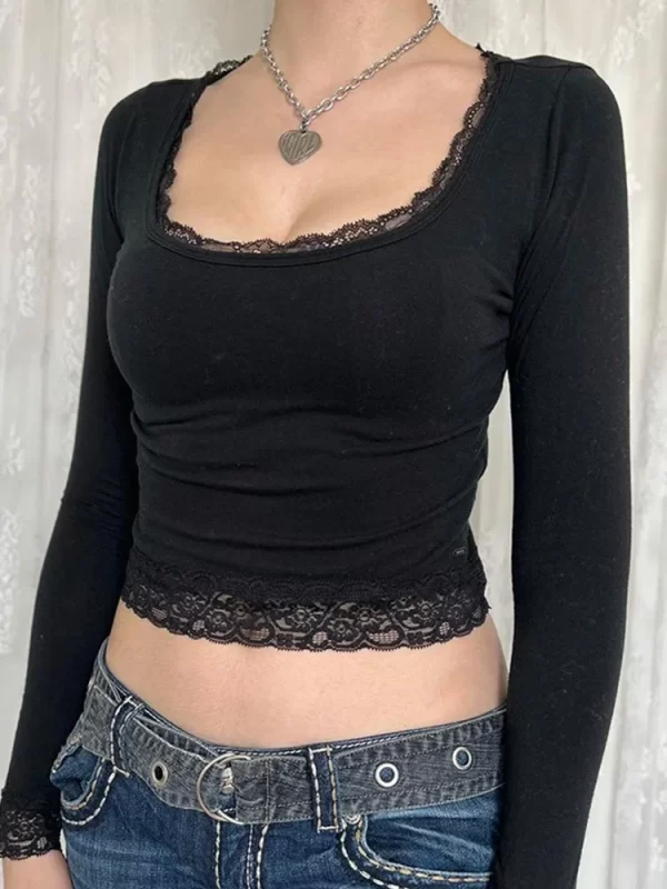 2000s Graphic T Shirt Vintage Fairy Grunge Women Autumn Lace Trim Long Sleeve Slim Fits Tops y2k Clothes Basic Harajuku Tees - Image 2
