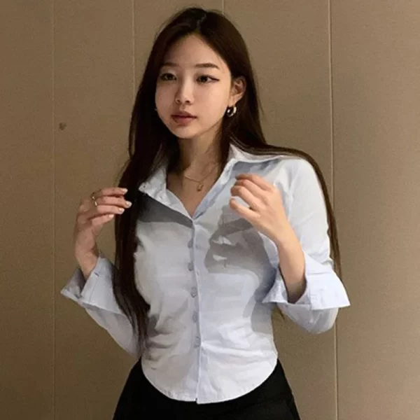 Korean White Office Women Chiffon Shirt Pocket Button Lapel Ladies Blouse Spring Commuter Long Sleeve New Female Crop Tops - Image 5