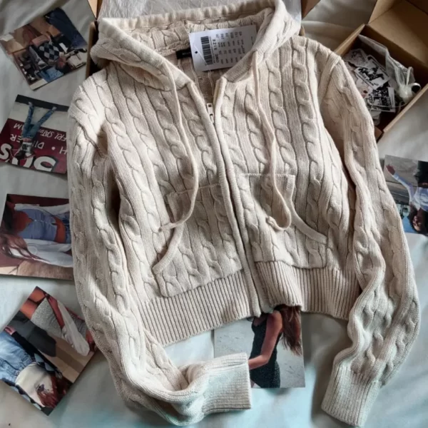 Twisted Flower Knitted Cardigan Sweater Women Autumn Long Sleeve Hooded Zipper Short Coat Streetwear Fashion Sweaters Y2K Tops - Image 18
