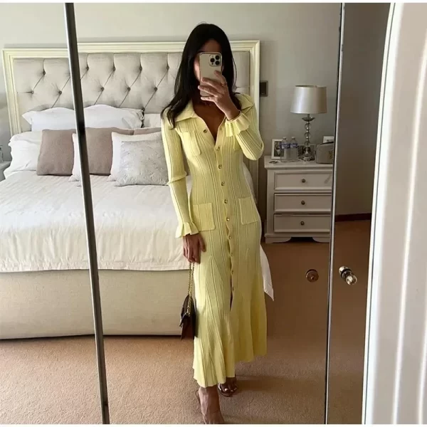 Winter Knitted Dress Women 2024 New Long Sleelve Ruffles Single Breasted Long Dresses Female Party Fashion Sweater Vestidos - Image 3