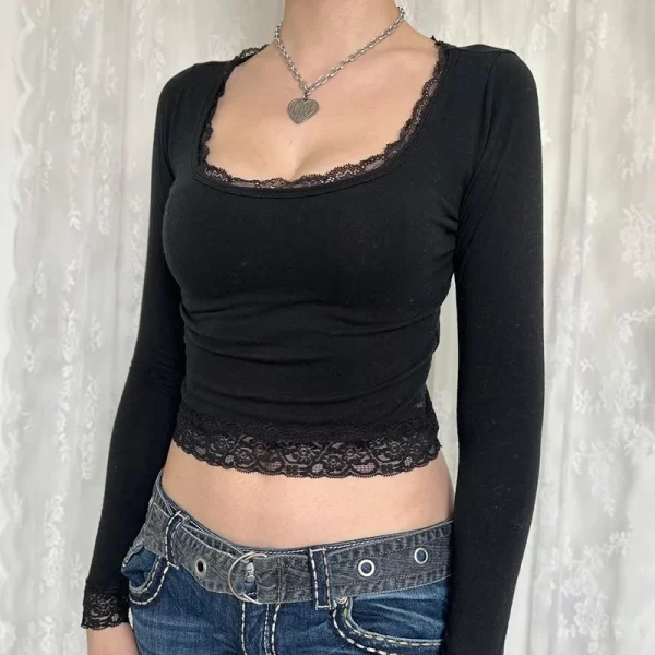 2000s Graphic T Shirt Vintage Fairy Grunge Women Autumn Lace Trim Long Sleeve Slim Fits Tops y2k Clothes Basic Harajuku Tees - Image 11