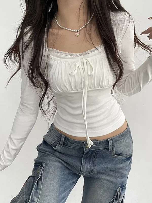 Bandage Folds Square Collar Crop Top Women Fairycore y2k White T Shirts Basic Knitted Elegant Tees Vintage 2000s Clothing - Image 2