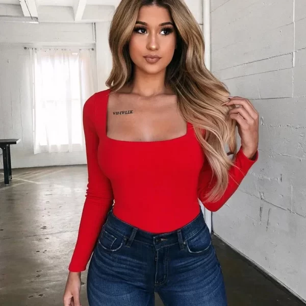 Sexy Slim Fit Long Sleeve Casual Women's T-Shirt Fashionable European And American Export Acrylic Square Collar Top - Image 6