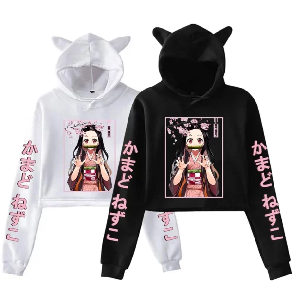 New Fashion Women Girl Hoodie Kamado Nezuko Long Sleeve Cat Ear Streetwear Pullover Harajuku Anime Short Tops - Image 8