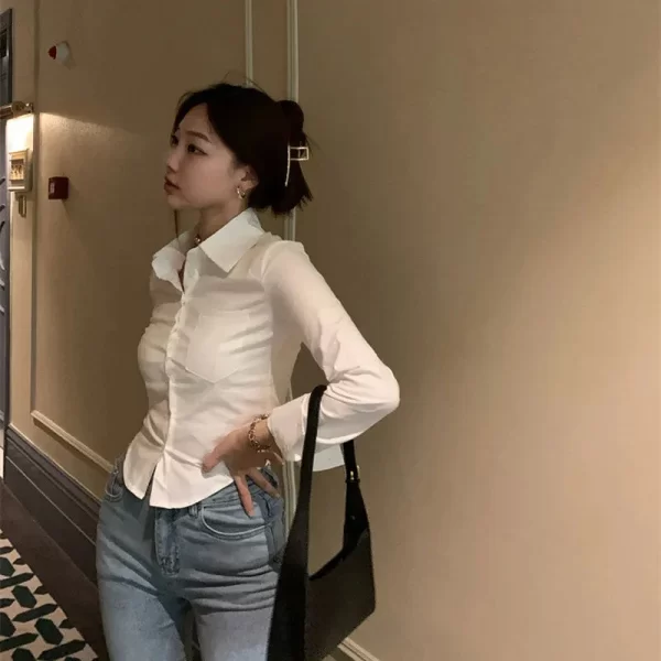 Korean White Office Women Chiffon Shirt Pocket Button Lapel Ladies Blouse Spring Commuter Long Sleeve New Female Crop Tops - Image 10