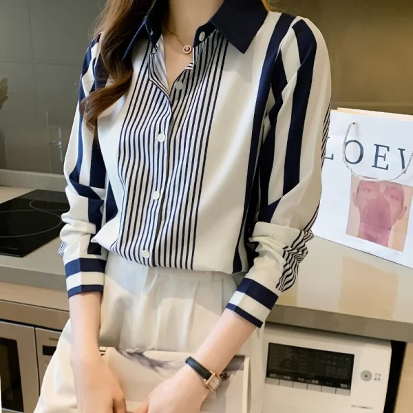 Women's Shirt Blue Striped Blouses for Women Long Sleeve Top Women Button Up Polo Neck Clothes Female 2023 Fashion Leisure Shirt - Image 3
