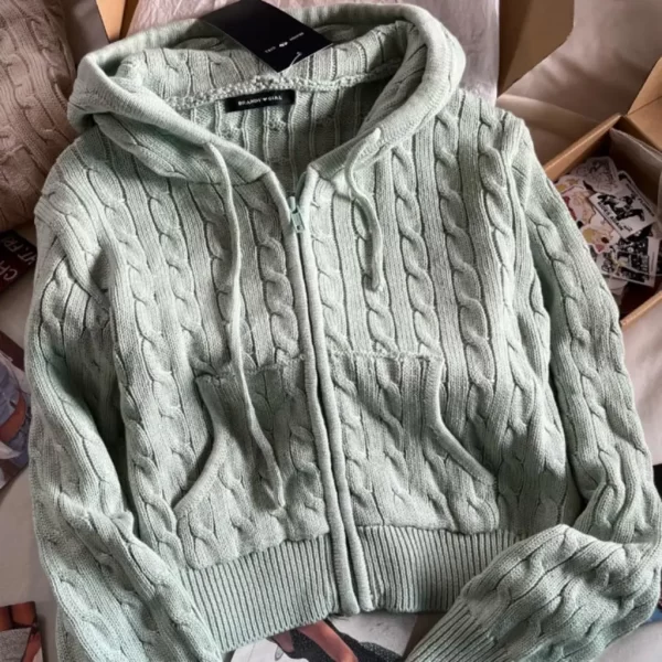 Twisted Flower Knitted Cardigan Sweater Women Autumn Long Sleeve Hooded Zipper Short Coat Streetwear Fashion Sweaters Y2K Tops - Image 20