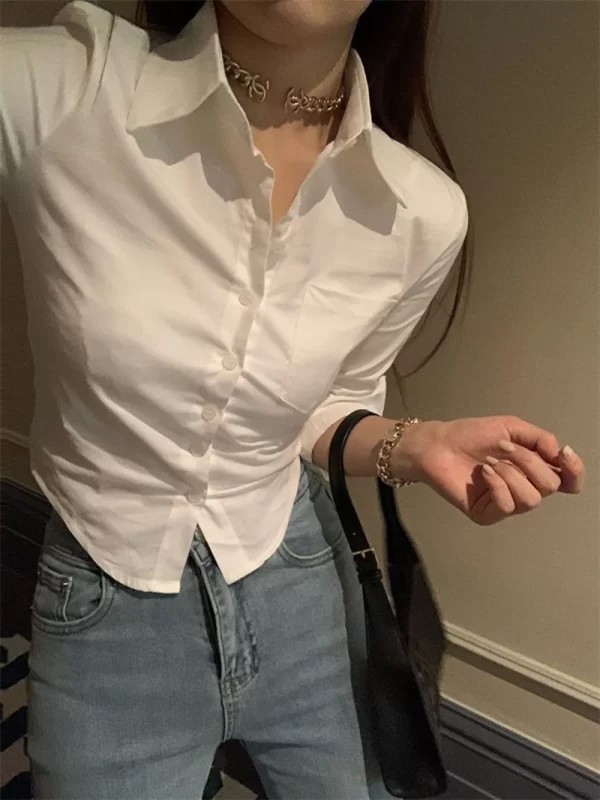 Korean White Office Women Chiffon Shirt Pocket Button Lapel Ladies Blouse Spring Commuter Long Sleeve New Female Crop Tops - Image 14