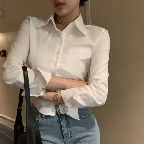 Korean White Office Women Chiffon Shirt Pocket Button Lapel Ladies Blouse Spring Commuter Long Sleeve New Female Crop Tops - Image 3