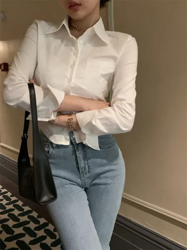 Korean White Office Women Chiffon Shirt Pocket Button Lapel Ladies Blouse Spring Commuter Long Sleeve New Female Crop Tops - Image 13