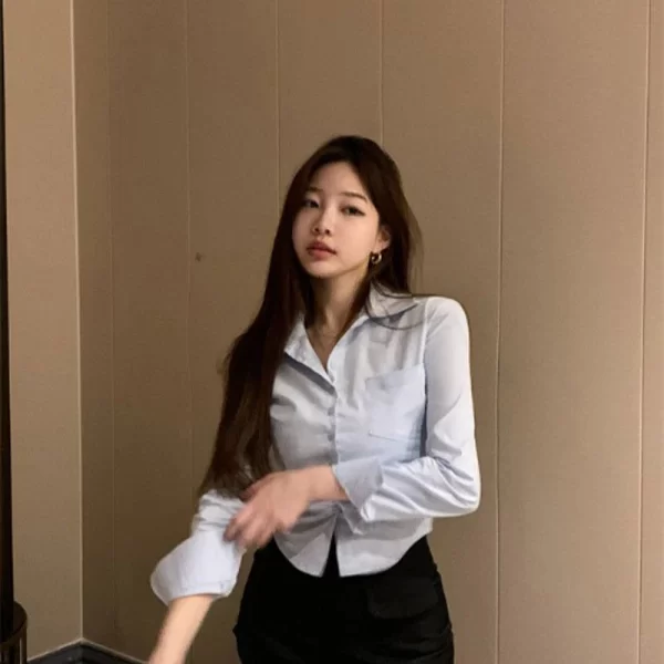 Korean White Office Women Chiffon Shirt Pocket Button Lapel Ladies Blouse Spring Commuter Long Sleeve New Female Crop Tops - Image 24