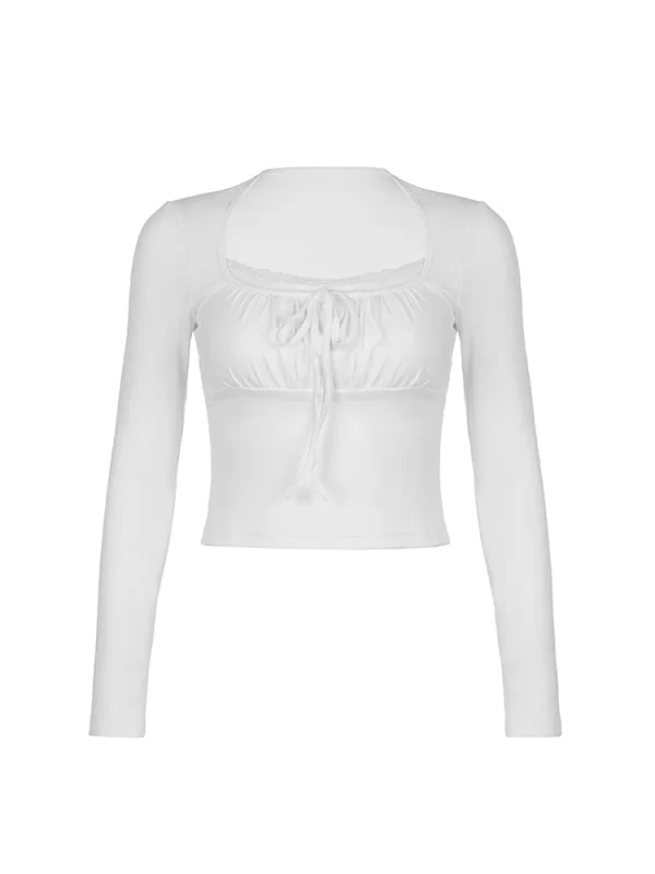 Bandage Folds Square Collar Crop Top Women Fairycore y2k White T Shirts Basic Knitted Elegant Tees Vintage 2000s Clothing - Image 6